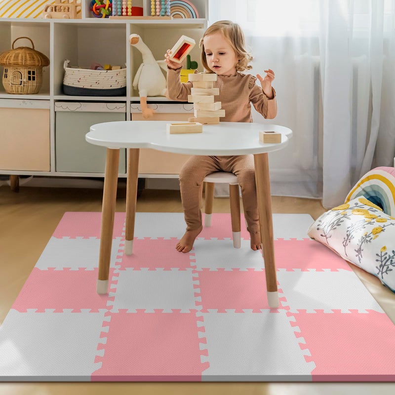 PIGLOG 16 Tiles Baby Play Mat for Floor, EVA Foam Baby Floor Play Mat with 0.6 Inch Thick Interlocking Foam Tiles, Foam Floor Tiles for Baby, Toddlers and Kids (Pink-White, 16PCS) - Image 5