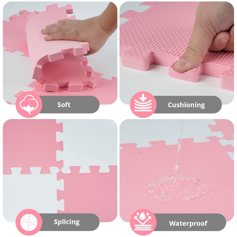 PIGLOG 16 Tiles Baby Play Mat for Floor, EVA Foam Baby Floor Play Mat with 0.6 Inch Thick Interlocking Foam Tiles, Foam Floor Tiles for Baby, Toddlers and Kids (Pink-White, 16PCS) - Image 2