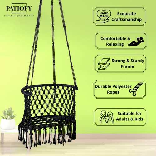 Patiofy C Shape Swing for Balcony/Hammock Hanging Swing Chair/Jhula for Adults/Includes Red Cushion & Hanging Kit/ 150Kg Capacity- Black - Image 5