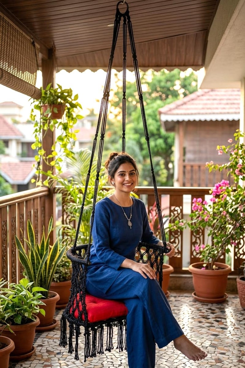 Patiofy C Shape Swing for Balcony/Hammock Hanging Swing Chair/Jhula for Adults/Includes Red Cushion & Hanging Kit/ 150Kg Capacity- Black - Image 1