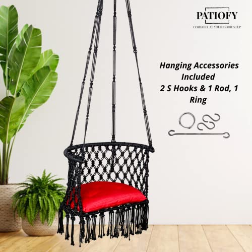 Patiofy C Shape Swing for Balcony/Hammock Hanging Swing Chair/Jhula for Adults/Includes Red Cushion & Hanging Kit/ 150Kg Capacity- Black - Image 2