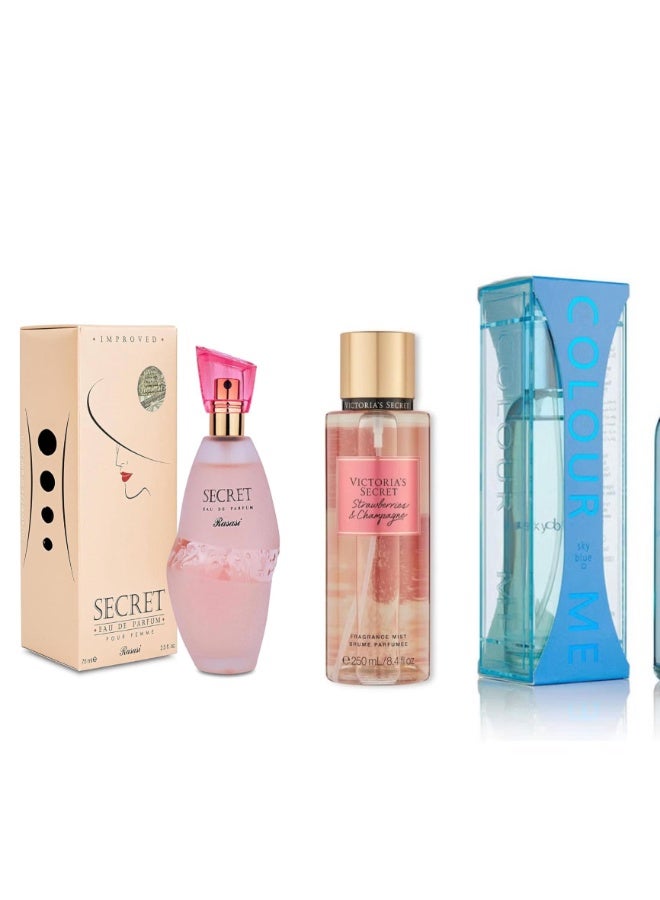 COLOUR ME Rasasi Secret Eau De Parfum For Women 75ml + Strawberry & Champagne Body Mist 250ml + Colour Me Sky Blue Perfume 100ml Combo Set – Long Lasting Fresh Fragrance Gift Pack - Image 1