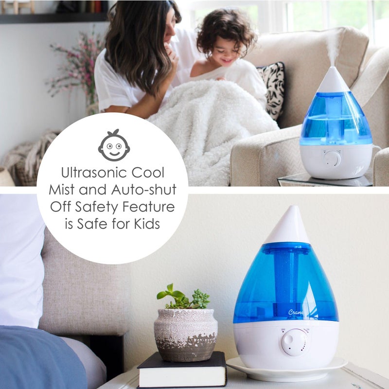 Crane Ultrasonic Cool Mist Teardrop Humidifier for Baby Nursery, Bedroom, Office, Large Room, Adjustable Humidity, Auto Shut-Off, Easy Clean Blue & White 1 Gallon - Image 3