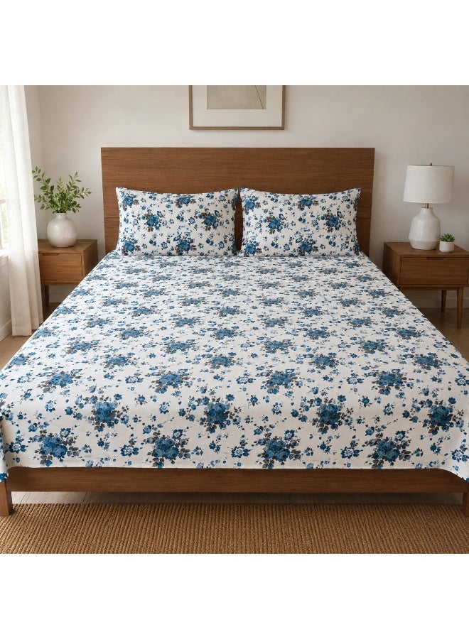 طقم ملاءة سرير كينج طباعة ثلاثية الأبعاد بتصميم الورود الزرقاء 260×240 سم ملاءة + غطاءا وسادتين - Image 1