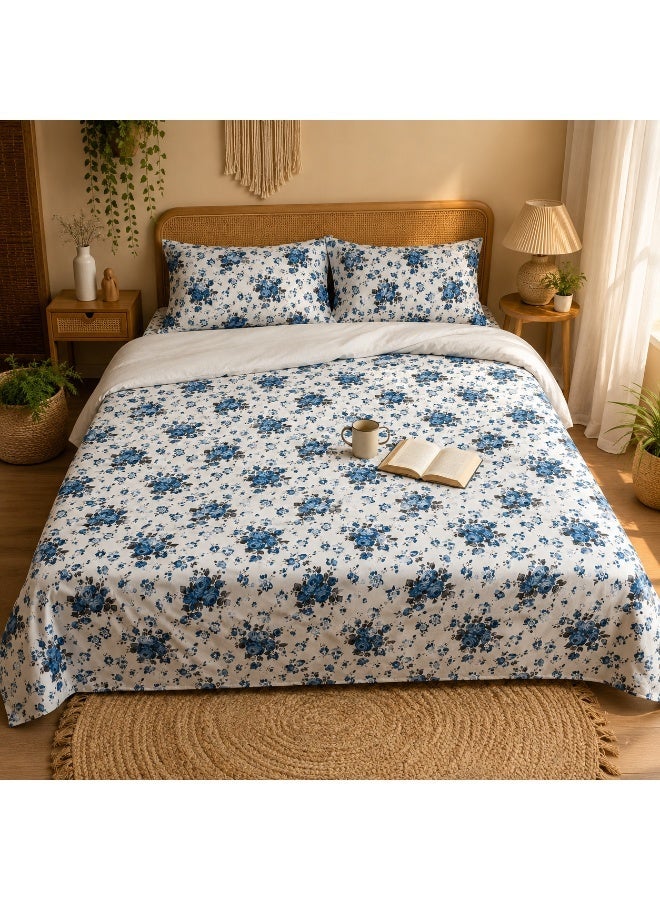 طقم ملاءة سرير كينج طباعة ثلاثية الأبعاد بتصميم الورود الزرقاء 260×240 سم ملاءة + غطاءا وسادتين - Image 2