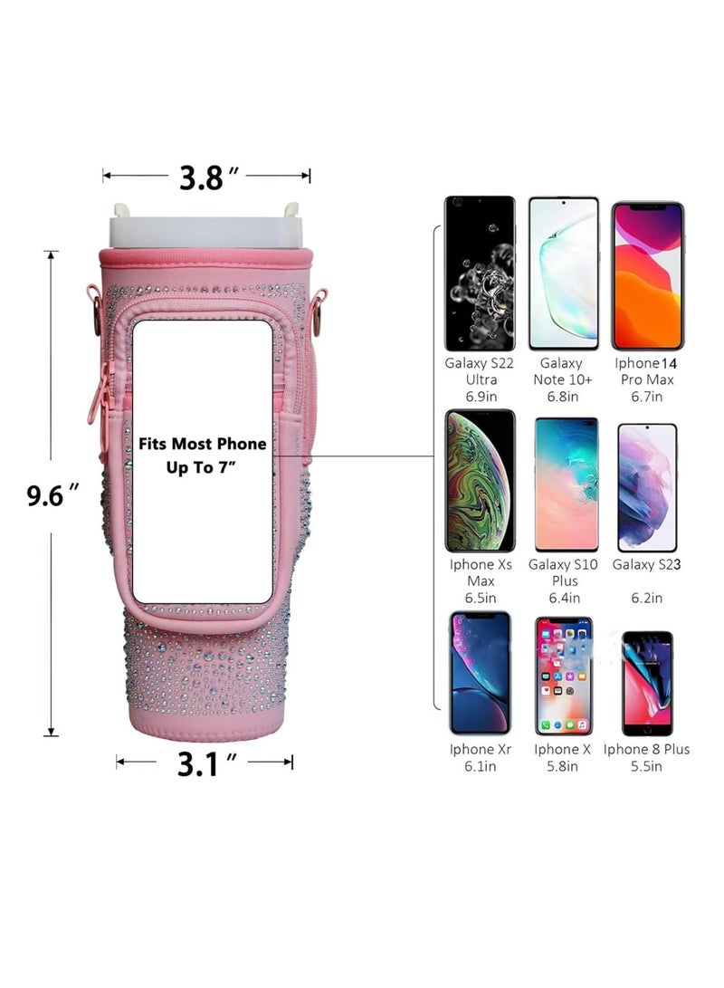 Bling Stanley Cup Holder with Strap  Letter Charm,40 oz Stanley Water Bottle Carrier Bag (Pink) - Image 2