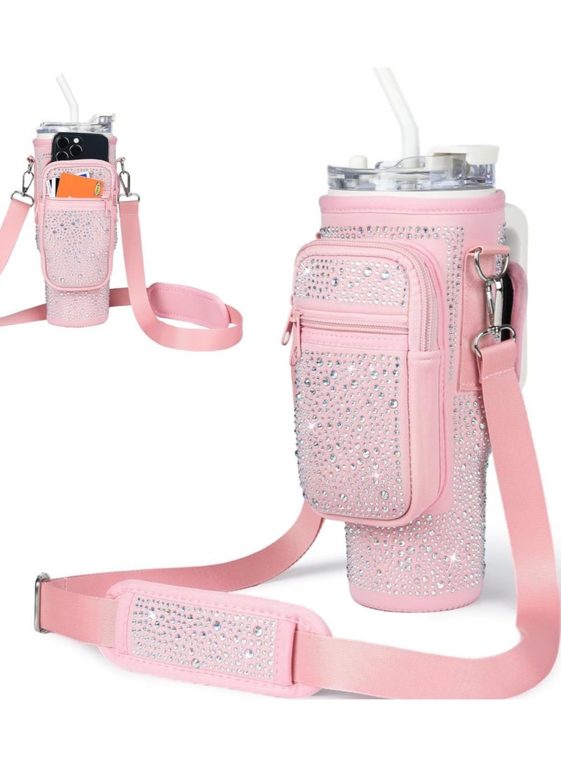 Bling Stanley Cup Holder with Strap  Letter Charm,40 oz Stanley Water Bottle Carrier Bag (Pink) - Image 1