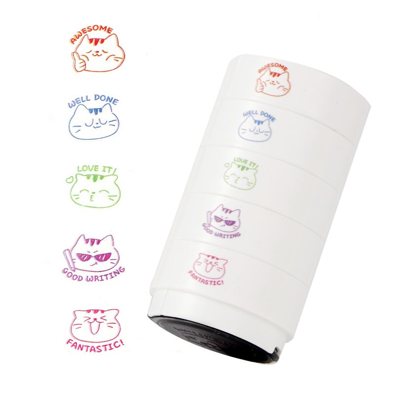 WEJOIN 5-Layer Stackable Self Inking Teacher Stamps, Cute Cat Design & Colorful Ink, Fun Grading Stamps for Encouragement, Classroom Must Haves for Elementary Teachers - Image 1
