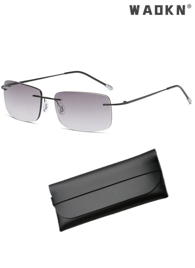WAOKN Rimless Bifocal Reading Glasses, Transition Photochromic Dark Grey Sunglasses, Frameless Blue Light Blocking Computer Eyeglasses, Anti Glare UV400 Protection Sun Readers, Eyewear for Men Women 100°  - Image 1