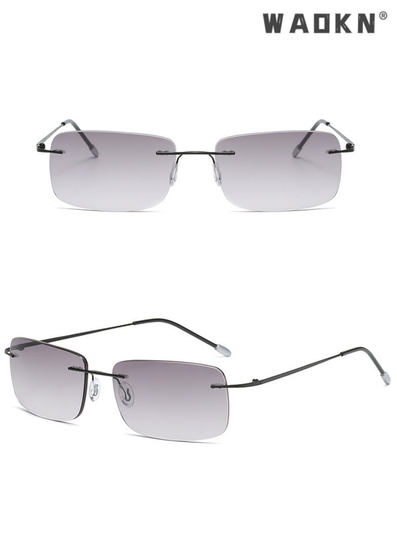 WAOKN Rimless Bifocal Reading Glasses, Transition Photochromic Dark Grey Sunglasses, Frameless Blue Light Blocking Computer Eyeglasses, Anti Glare UV400 Protection Sun Readers, Eyewear for Men Women 100°  - Image 2