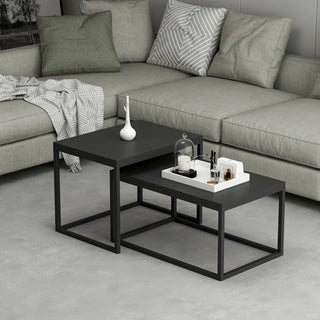 Set of 2 Coffee Tables Side Tables Made of Chipboard and Metal Black Matt