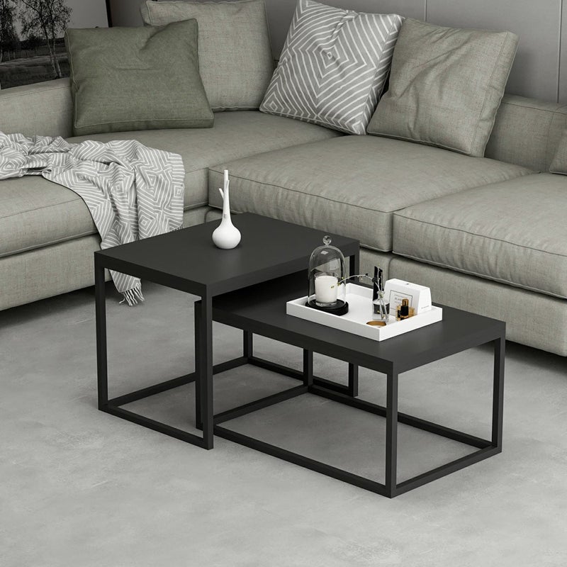 [en.casa] Set of 2 Coffee Tables Side Tables Made of Chipboard and Metal Black Matt - Image 1