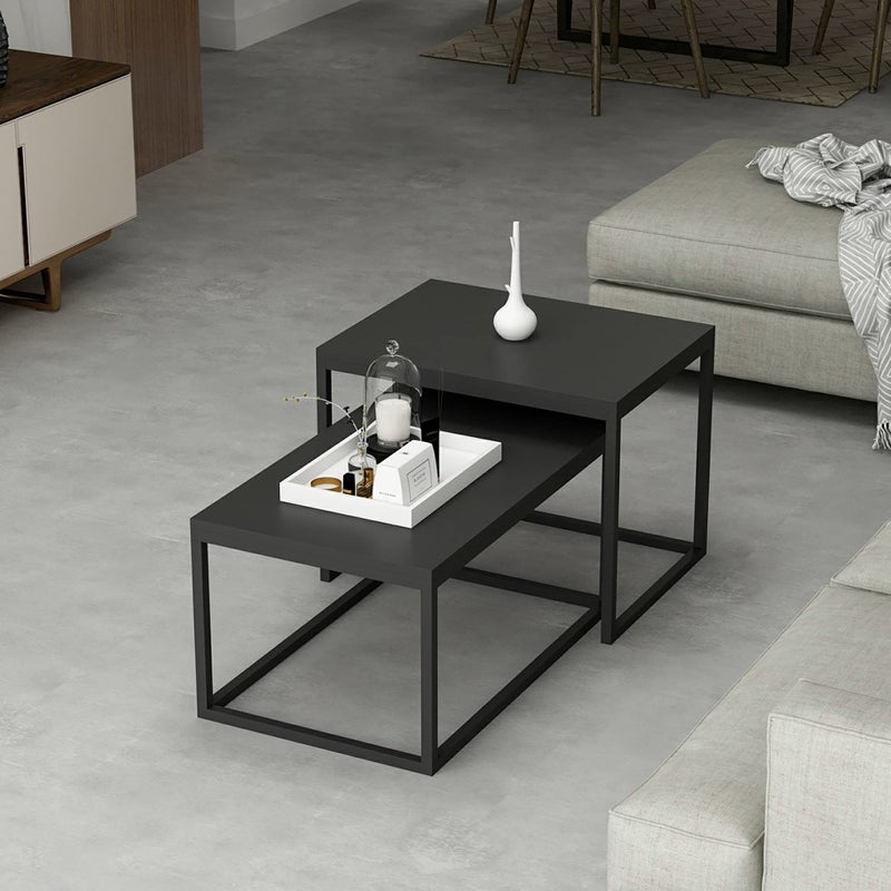 [en.casa] Set of 2 Coffee Tables Side Tables Made of Chipboard and Metal Black Matt - Image 3