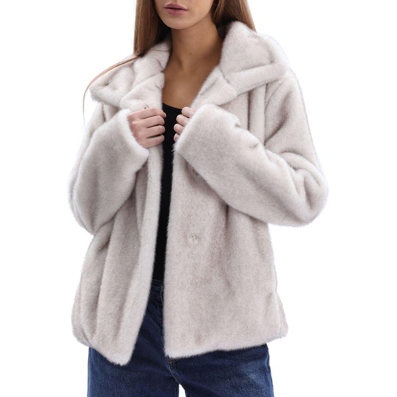 Amazhiyu Women's Faux Fur Coat Winter Long Sleeve Stand Collar Jackets Warm Ivory, Small - Image 3