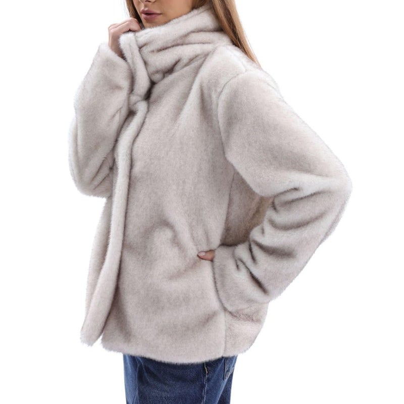 Amazhiyu Women's Faux Fur Coat Winter Long Sleeve Stand Collar Jackets Warm Ivory, Small - Image 5