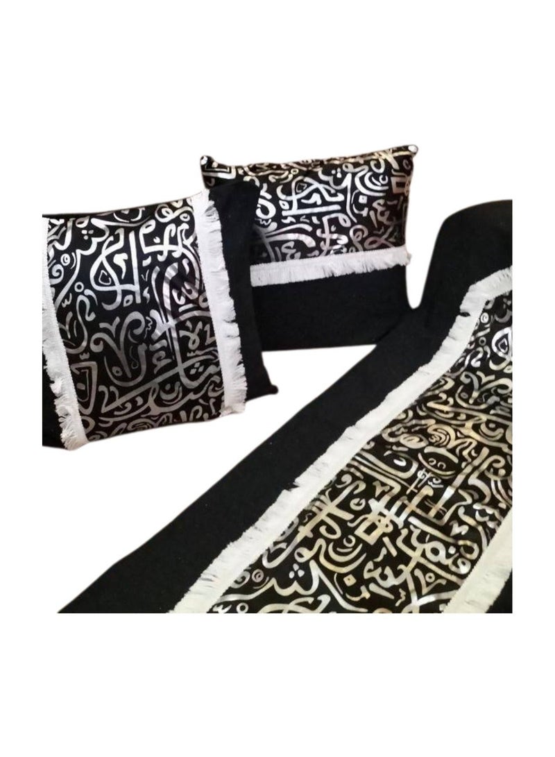 Ramadan Islamic Sofa Set – 3 Pieces (Runner + 2 Cushions) – Black with Silver Patterns - Image 3