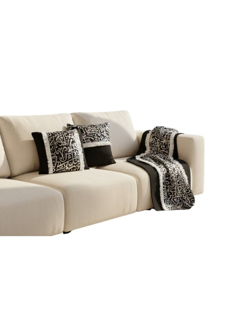 Ramadan Islamic Sofa Set – 3 Pieces (Runner + 2 Cushions) – Black with Silver Patterns - Image 2