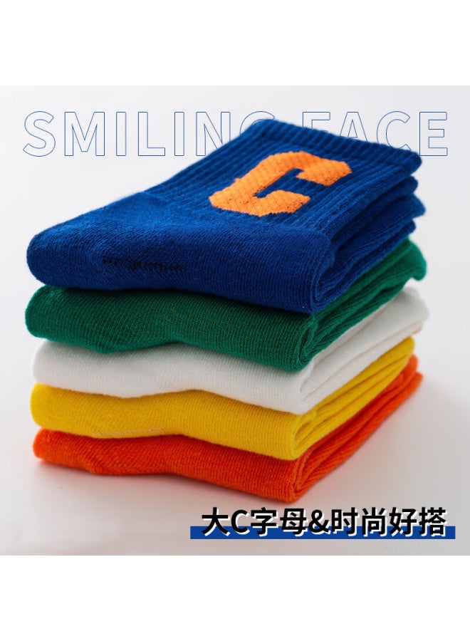 Babyface Tongyan Kids Socks 5 Pairs Cartoon Cotton Mid-calf Socks For Boys And Girls Bright C Letter - Image 3