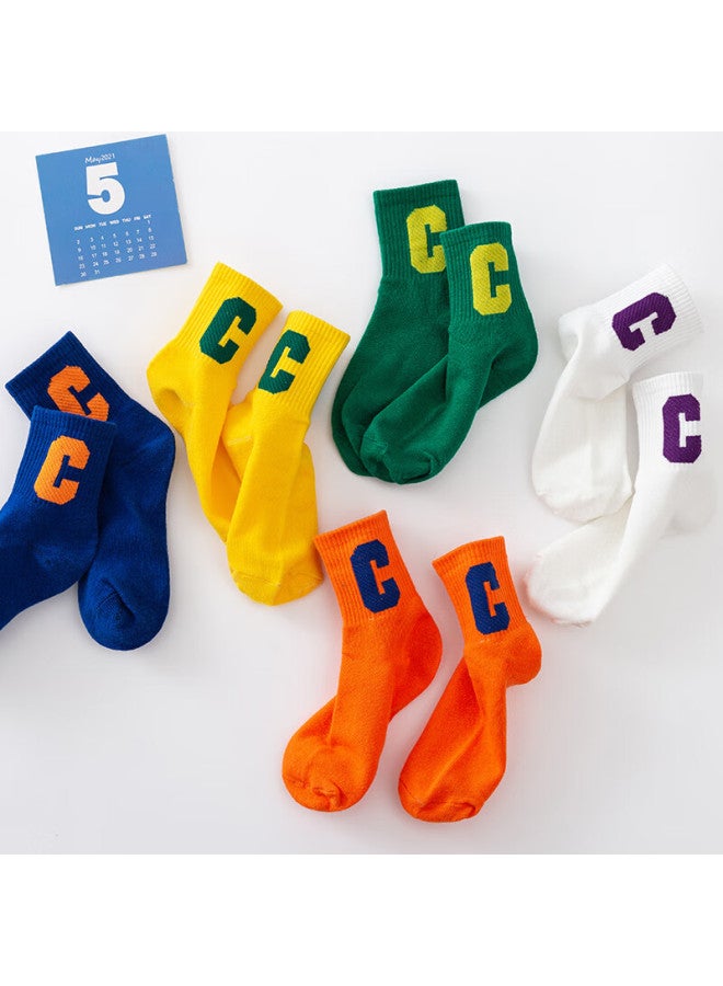 Babyface Tongyan Kids Socks 5 Pairs Cartoon Cotton Mid-calf Socks For Boys And Girls Bright C Letter - Image 1