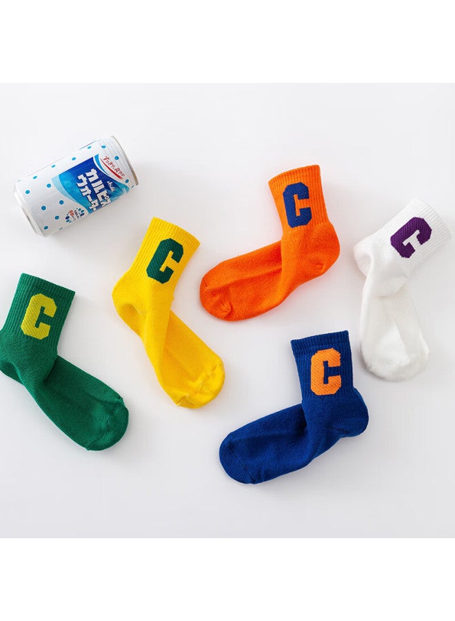 Babyface Tongyan Kids Socks 5 Pairs Cartoon Cotton Mid-calf Socks For Boys And Girls Bright C Letter - Image 2
