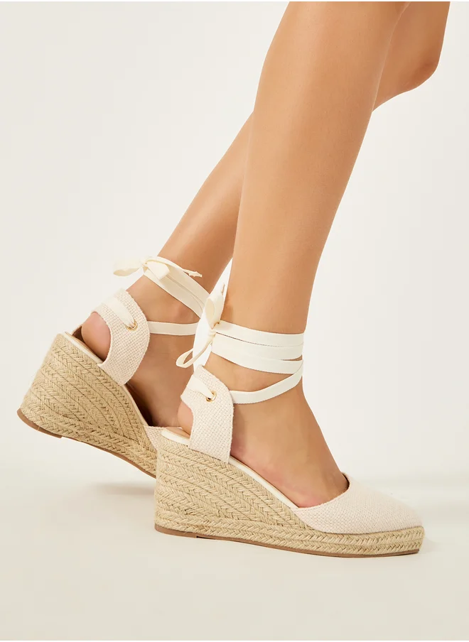 Styli Textured Lace Tie-Up String Wedge Sandals