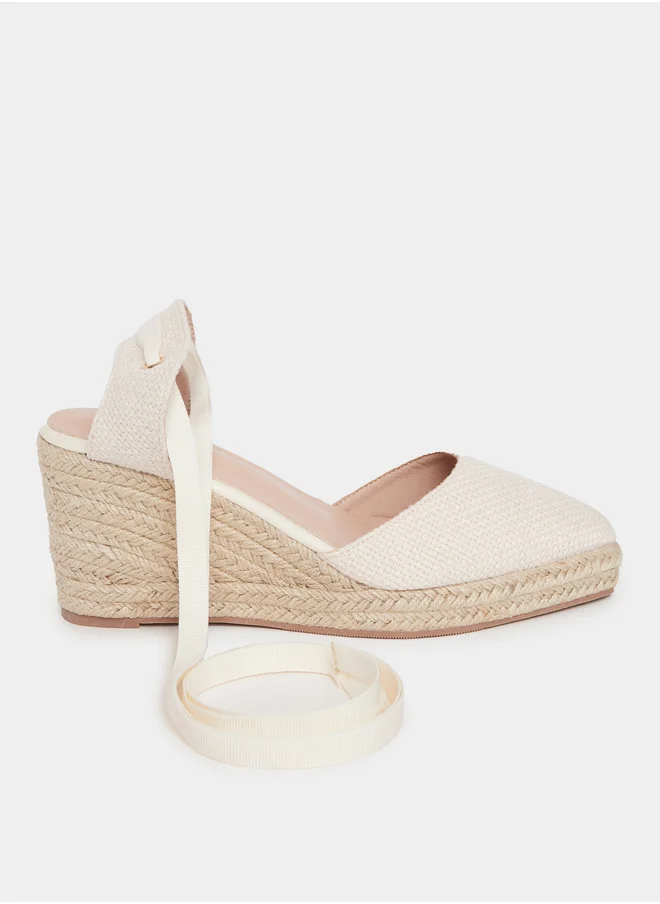Styli Textured Lace Tie-Up String Wedge Sandals