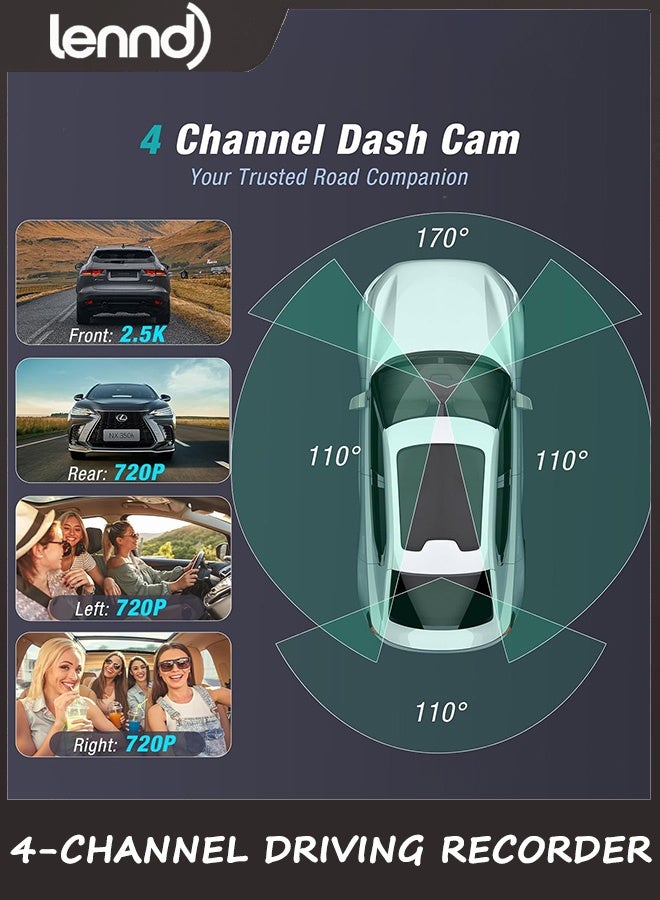 LENND 4 Channel 2.5K Dash Cam Front Rear Left Right, 170° Wide Angle Car Dash Camera with 5GHz WiFi & App Control, G-Sensor, Super Night Vision, 24H Parking Monitor, Loop Recording, 64GB SD Card Included - Image 3