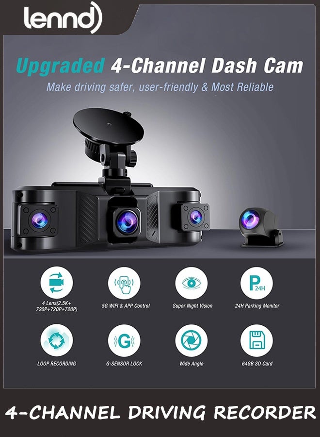LENND 4 Channel 2.5K Dash Cam Front Rear Left Right, 170° Wide Angle Car Dash Camera with 5GHz WiFi & App Control, G-Sensor, Super Night Vision, 24H Parking Monitor, Loop Recording, 64GB SD Card Included - Image 2