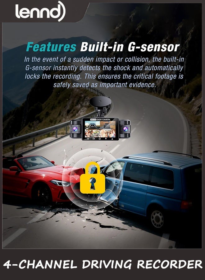 LENND 4 Channel 2.5K Dash Cam Front Rear Left Right, 170° Wide Angle Car Dash Camera with 5GHz WiFi & App Control, G-Sensor, Super Night Vision, 24H Parking Monitor, Loop Recording, 64GB SD Card Included - Image 4