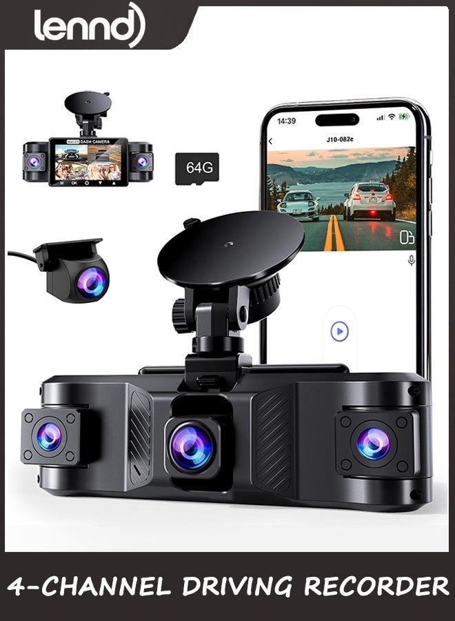LENND 4 Channel 2.5K Dash Cam Front Rear Left Right, 170° Wide Angle Car Dash Camera with 5GHz WiFi & App Control, G-Sensor, Super Night Vision, 24H Parking Monitor, Loop Recording, 64GB SD Card Included - Image 1