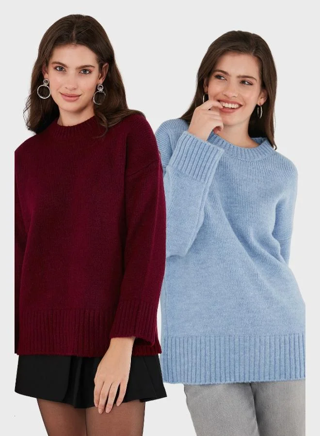 ليلا كنزة نسائية قطعتين مقاس عادي بياقة دائرية