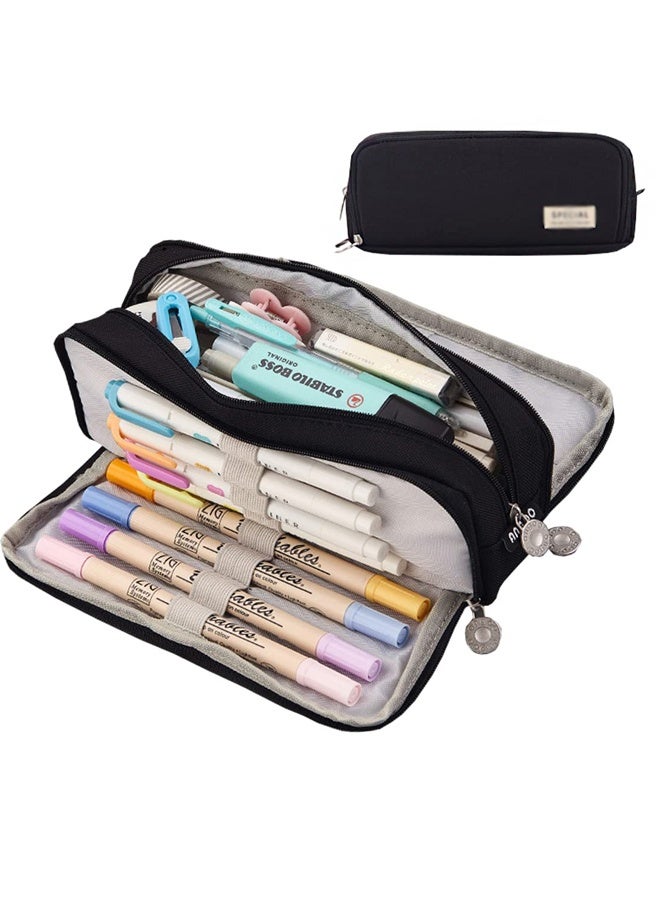 Large Capacity Pencil Case Three Compartment Pencil Case Suitable for School Teenagers Girls,Boys and Women's Stationery Bag Convenient Storage Bag Outdoor Travel Storage Bag,Black - Image 1