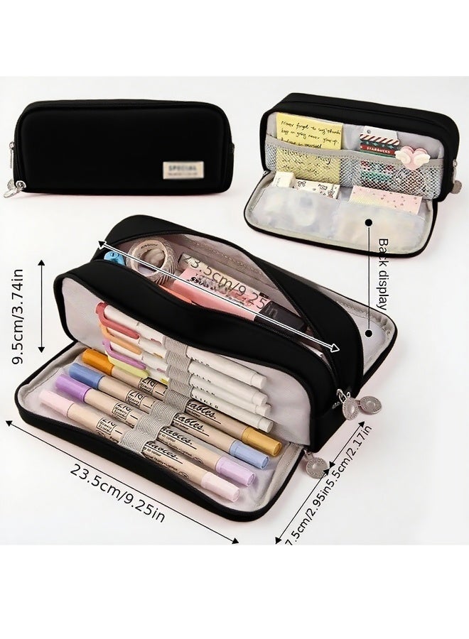 Large Capacity Pencil Case Three Compartment Pencil Case Suitable for School Teenagers Girls,Boys and Women's Stationery Bag Convenient Storage Bag Outdoor Travel Storage Bag,Black - Image 2