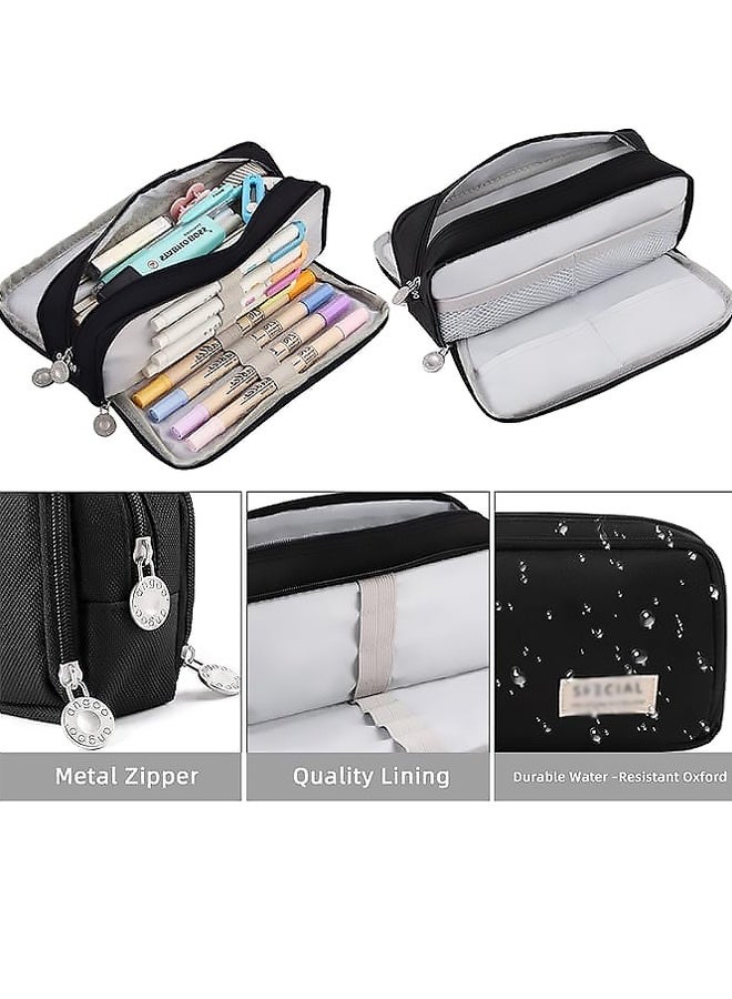 Large Capacity Pencil Case Three Compartment Pencil Case Suitable for School Teenagers Girls,Boys and Women's Stationery Bag Convenient Storage Bag Outdoor Travel Storage Bag,Black - Image 5