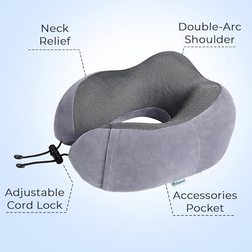 Billebon Neck Pillow for Travel – Comfortable Memory Foam Support, U-Shape Ergonomic Design, Portable for Flight Journeys, Lightweight Compact Build, Soft Washable Cover (Grey with Eye Mask) - Image 3
