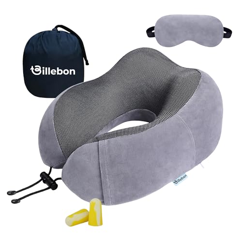 Billebon Neck Pillow for Travel – Comfortable Memory Foam Support, U-Shape Ergonomic Design, Portable for Flight Journeys, Lightweight Compact Build, Soft Washable Cover (Grey with Eye Mask) - Image 1