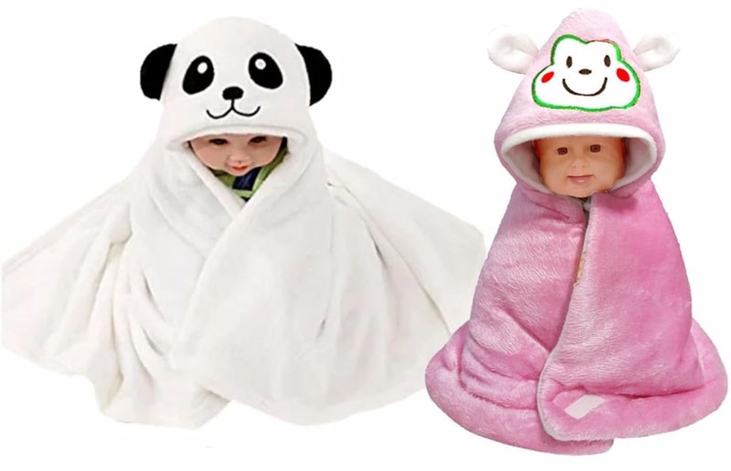 Brandonn BRANDONN Newborn Combo of Furry Glacier Hooded Smily Baby Blanket and Premium Glacier Hooded Baby Wrapper(Pack of 2,WhitePanda-Pink) - Image 1