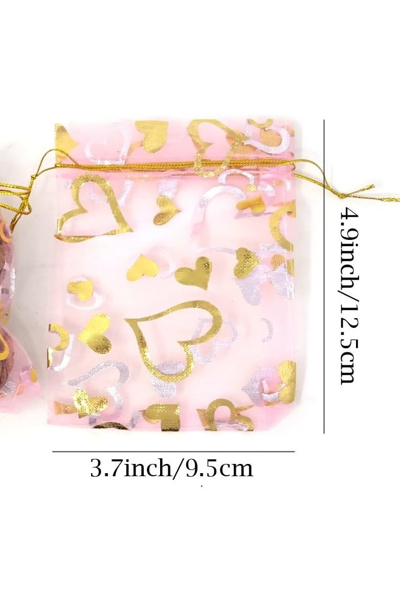 يلا بيك 100 قطعة اكياس شبكية صغيرة من الاورجانزا مقاس مع رباط على شكل قلب، اكياس مجوهرات لهدايا الزفاف والحلوى  (زهري قلب) - Image 2