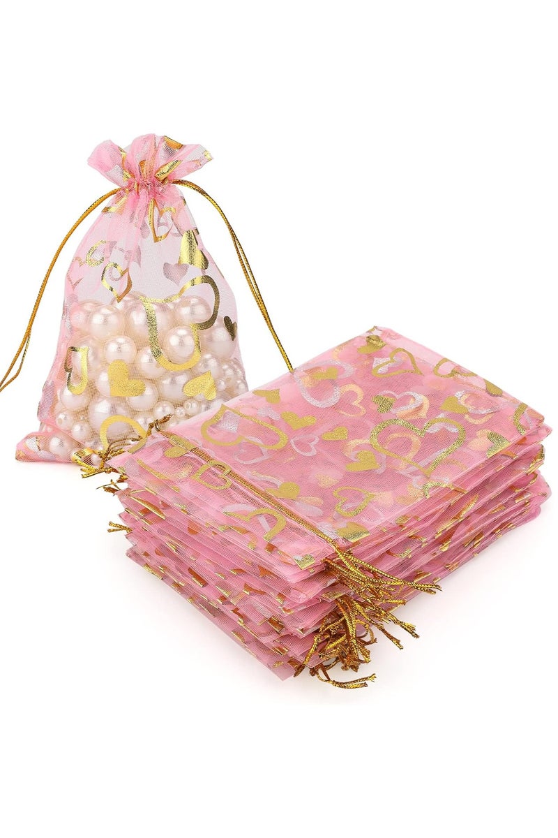 يلا بيك 100 قطعة اكياس شبكية صغيرة من الاورجانزا مقاس مع رباط على شكل قلب، اكياس مجوهرات لهدايا الزفاف والحلوى  (زهري قلب) - Image 1