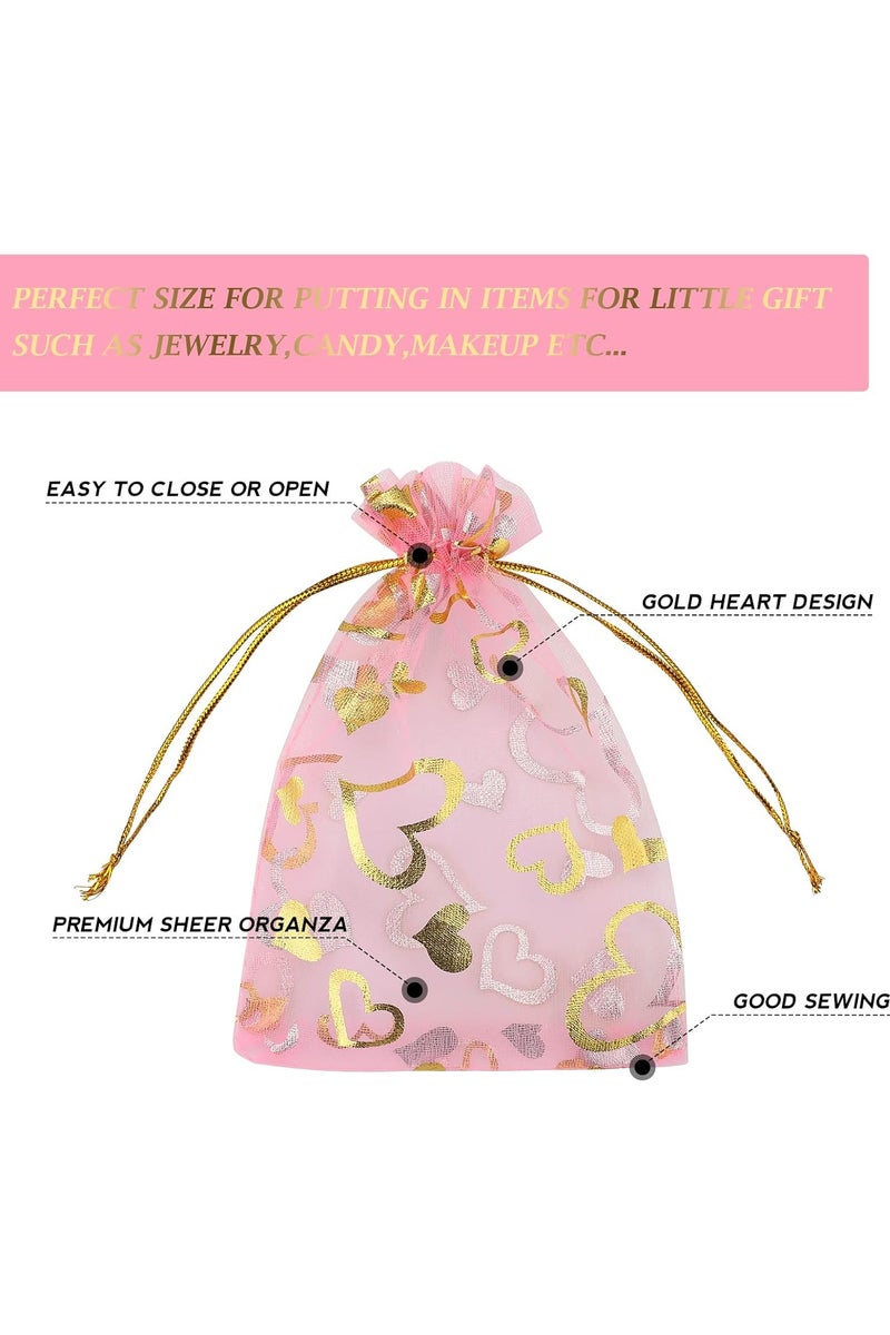 يلا بيك 100 قطعة اكياس شبكية صغيرة من الاورجانزا مقاس مع رباط على شكل قلب، اكياس مجوهرات لهدايا الزفاف والحلوى  (زهري قلب) - Image 3
