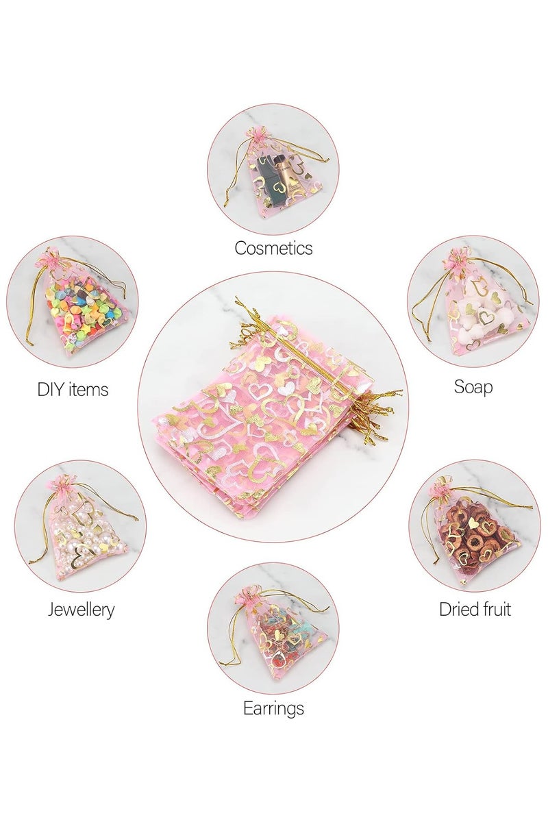 يلا بيك 100 قطعة اكياس شبكية صغيرة من الاورجانزا مقاس مع رباط على شكل قلب، اكياس مجوهرات لهدايا الزفاف والحلوى  (زهري قلب) - Image 4