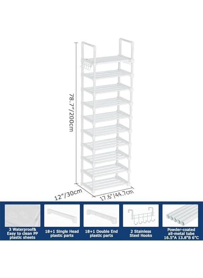 HOOKOR 10 Tiers Narrow Tall Shoe Rack,20-24 Pairs Metal Shoe and Boots Organizer Storage Shelf, Space Saving Skinny Shoe Stand, Free Standing Shoe Tower for Wall, Entryway, Closet, Bedroom (White)  - Image 2