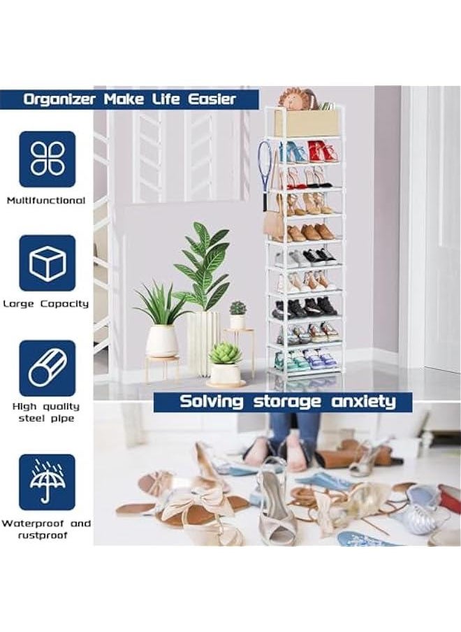 HOOKOR 10 Tiers Narrow Tall Shoe Rack,20-24 Pairs Metal Shoe and Boots Organizer Storage Shelf, Space Saving Skinny Shoe Stand, Free Standing Shoe Tower for Wall, Entryway, Closet, Bedroom (White)  - Image 3