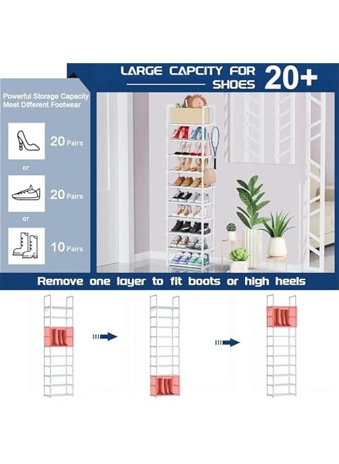 HOOKOR 10 Tiers Narrow Tall Shoe Rack,20-24 Pairs Metal Shoe and Boots Organizer Storage Shelf, Space Saving Skinny Shoe Stand, Free Standing Shoe Tower for Wall, Entryway, Closet, Bedroom (White)  - Image 5