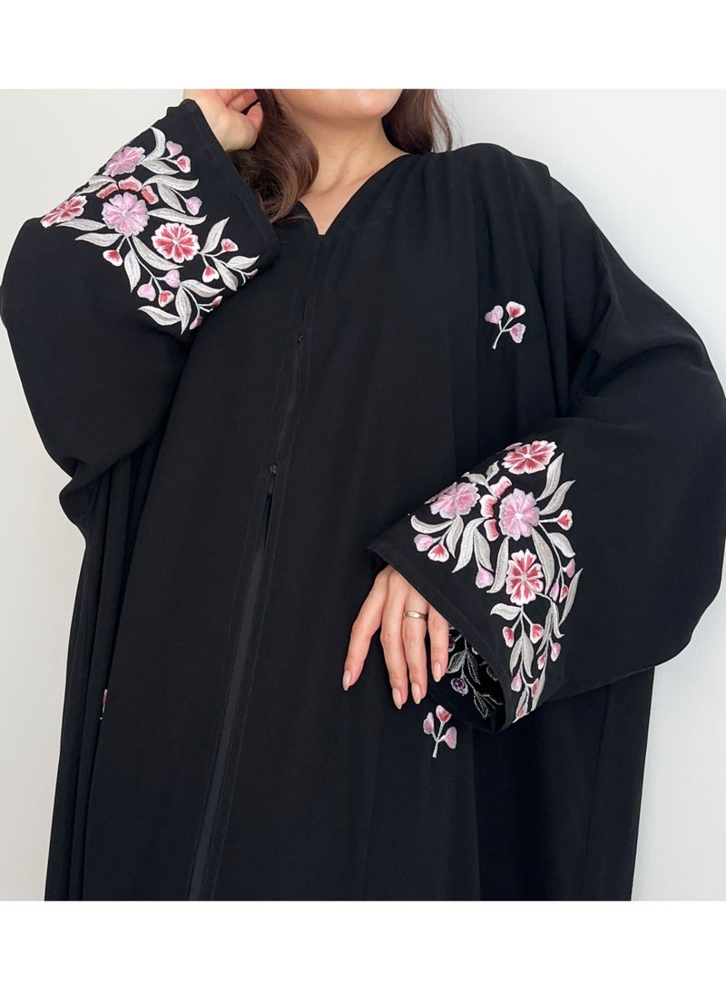Rosette Abaya Embellished Bisht with Pink and Silver Crafted Embroidery Details - Image 3