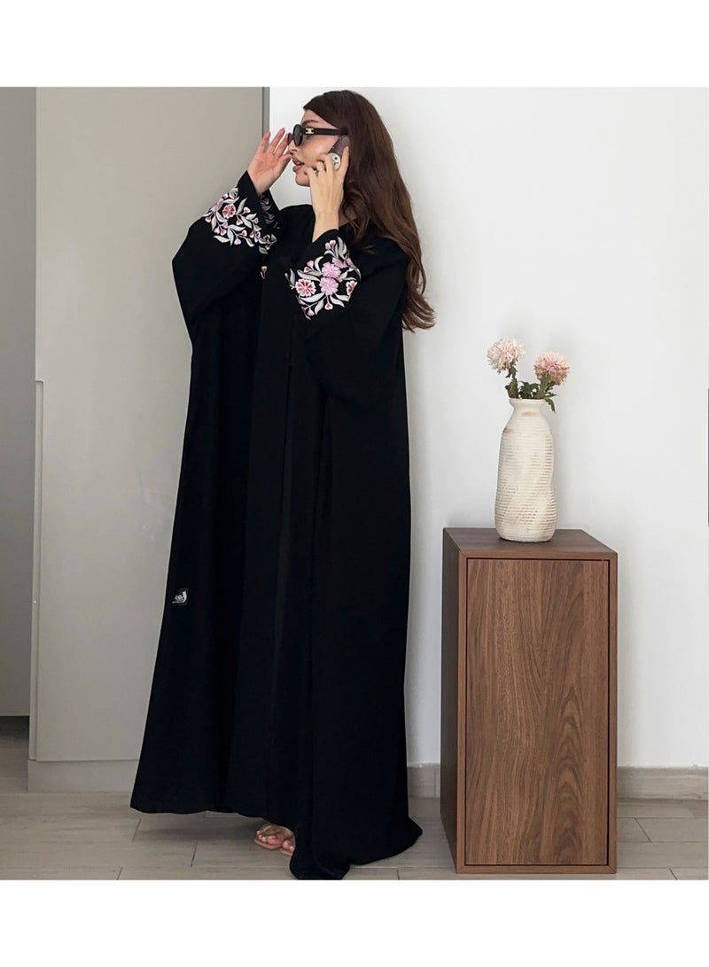 Rosette Abaya Embellished Bisht with Pink and Silver Crafted Embroidery Details - Image 4