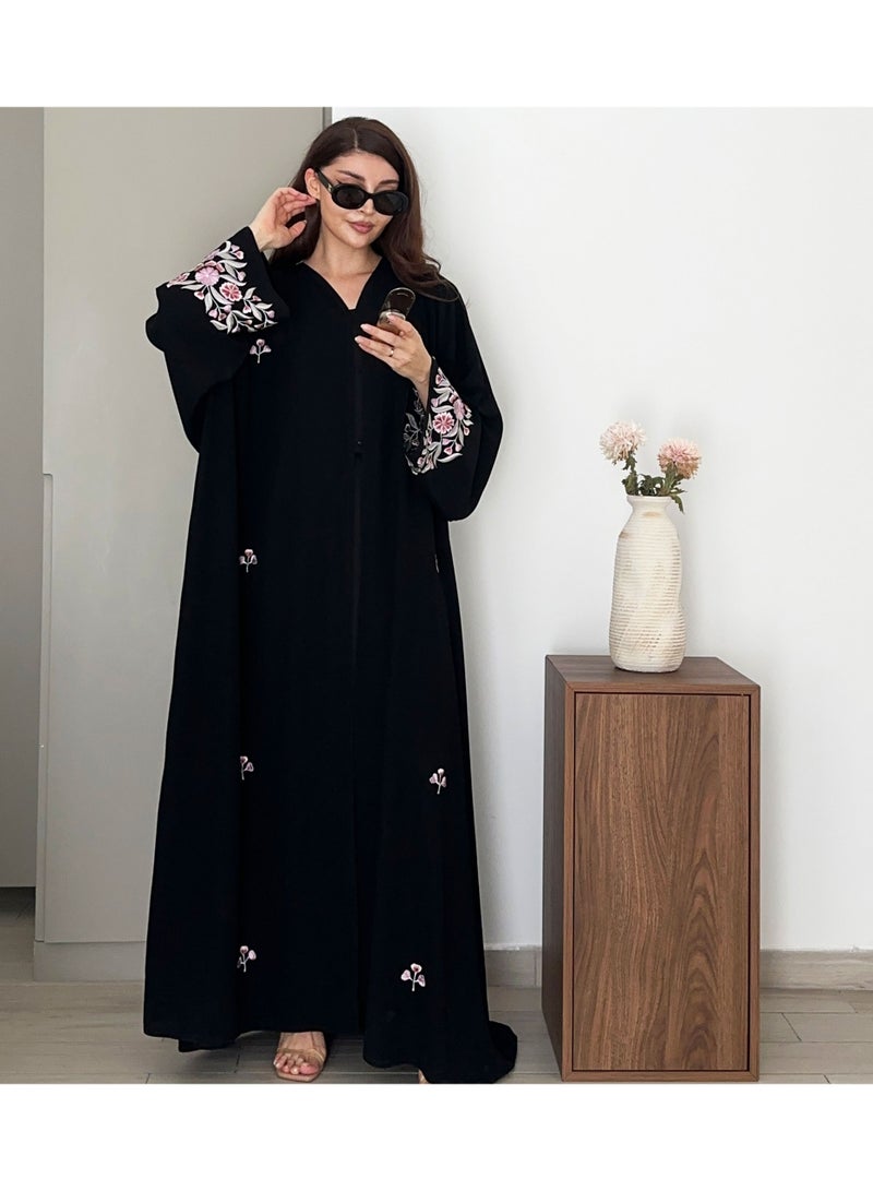 Rosette Abaya Embellished Bisht with Pink and Silver Crafted Embroidery Details - Image 1