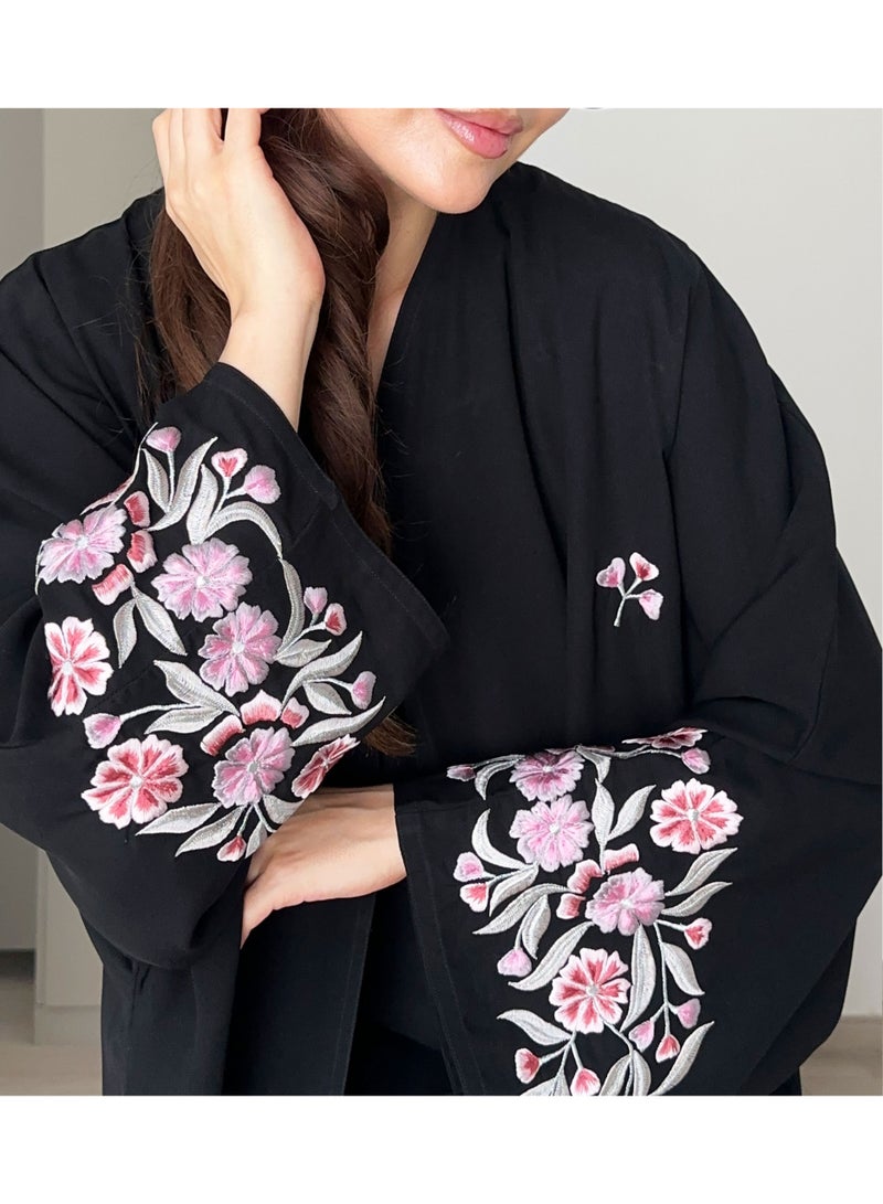 Rosette Abaya Embellished Bisht with Pink and Silver Crafted Embroidery Details - Image 2