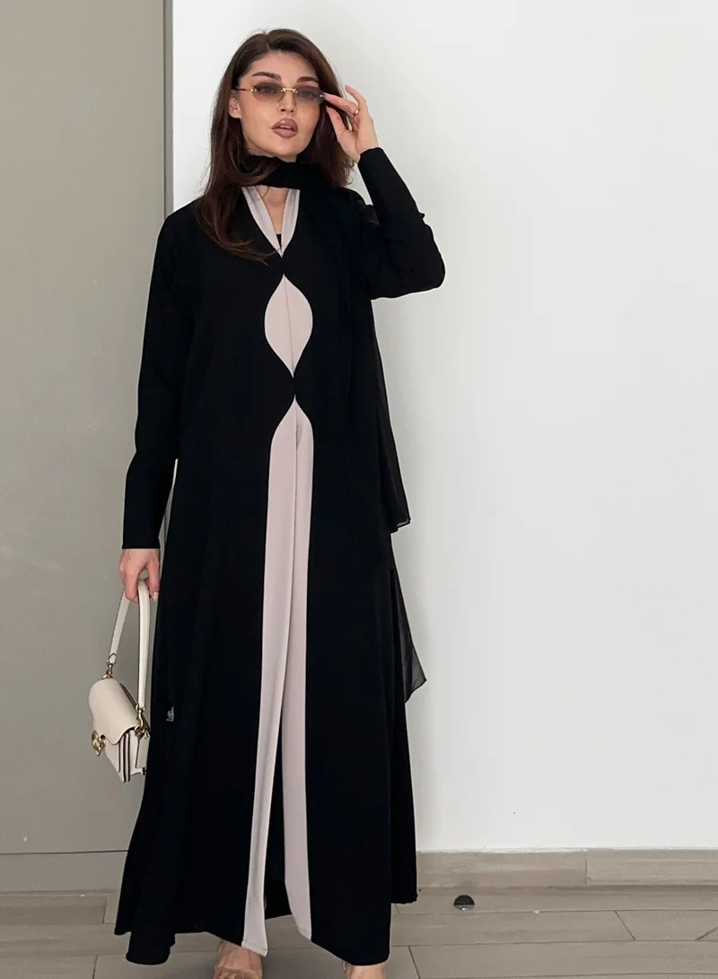 Rosette Abaya Embellished Abaya with Beige Cutting | Elegant Modern Abaya Design