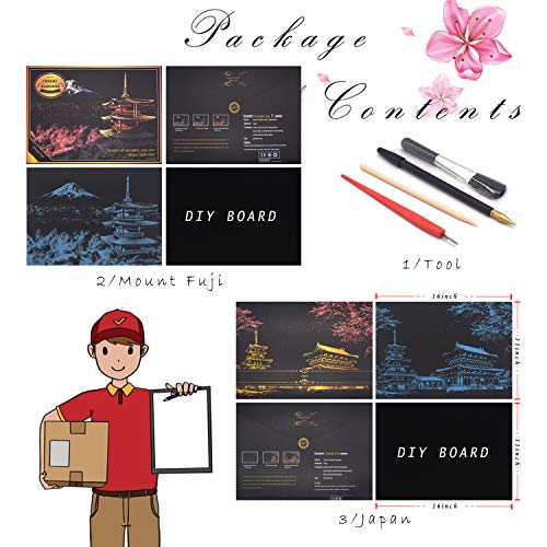 BOTEEN Rainbow Scratch Painting Paper By BOTEEN,City Series Night Scene,Scratch Painting Creative Gift,Scratchboard for Adult and Kids,with 4 Tools,Size:16''x11'' (Mount Fuji,Japan) - Image 2